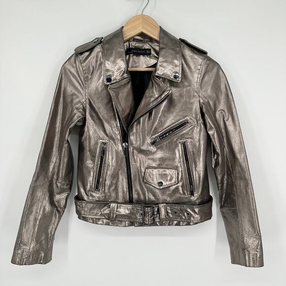 ZARA Genuine Leather Jacket Silver Metallic Belted Moto Biker Jacket - Picture 5 of 16